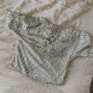 Vintage Silver Pearl Silk Sequin Beaded Top S/M
